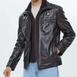 Reacher | Men's Black Ribbed Collar Leather Biker Jacket